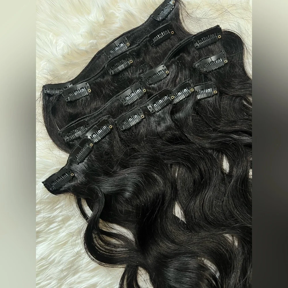 100% HUMAN HAIR Body Wave Clip in Black Hair Extensions  22 inch - Picture 3 of 4